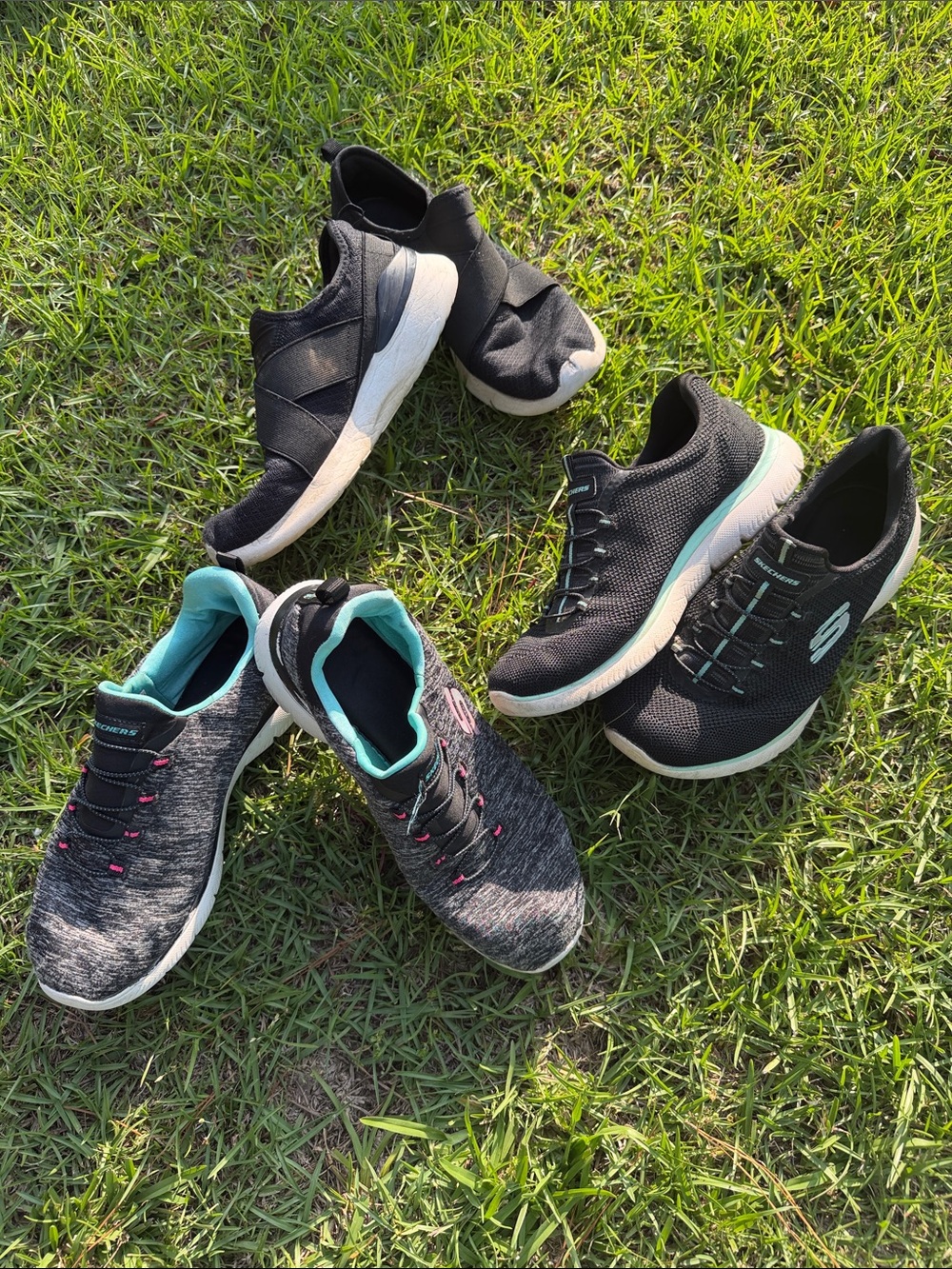 Skechers Black Sneakers with Teal Accents and Gray Knit Pair
